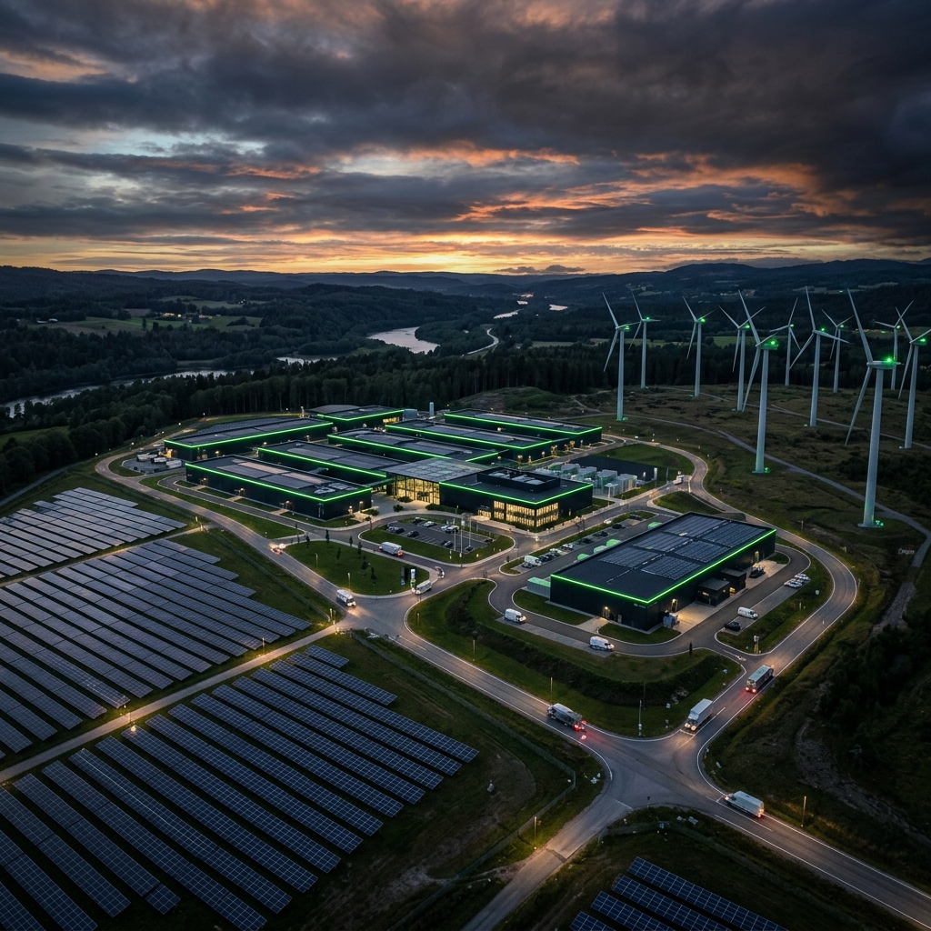 Algorithm AI sustainable data center campus at dusk